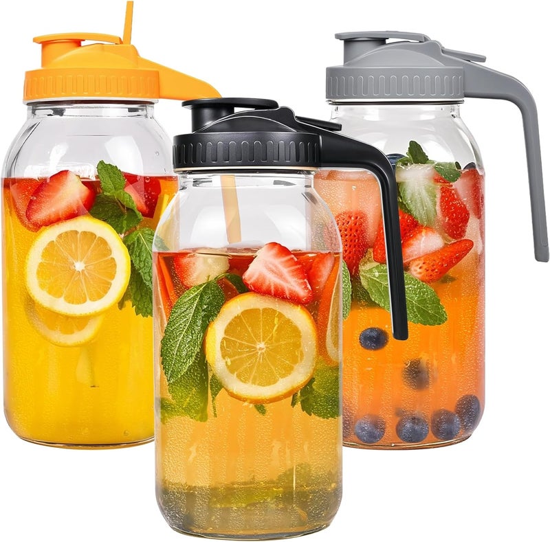 Hoofess 3 Pack 64oz Glass Mason Jar Pitcher with Airtight Lid and Handle – Wide Mouth, Leak-Proof, Ideal for Sun Tea, Cold Brew, Lemonade, Iced Coffee, Milk, and Water - Image 1