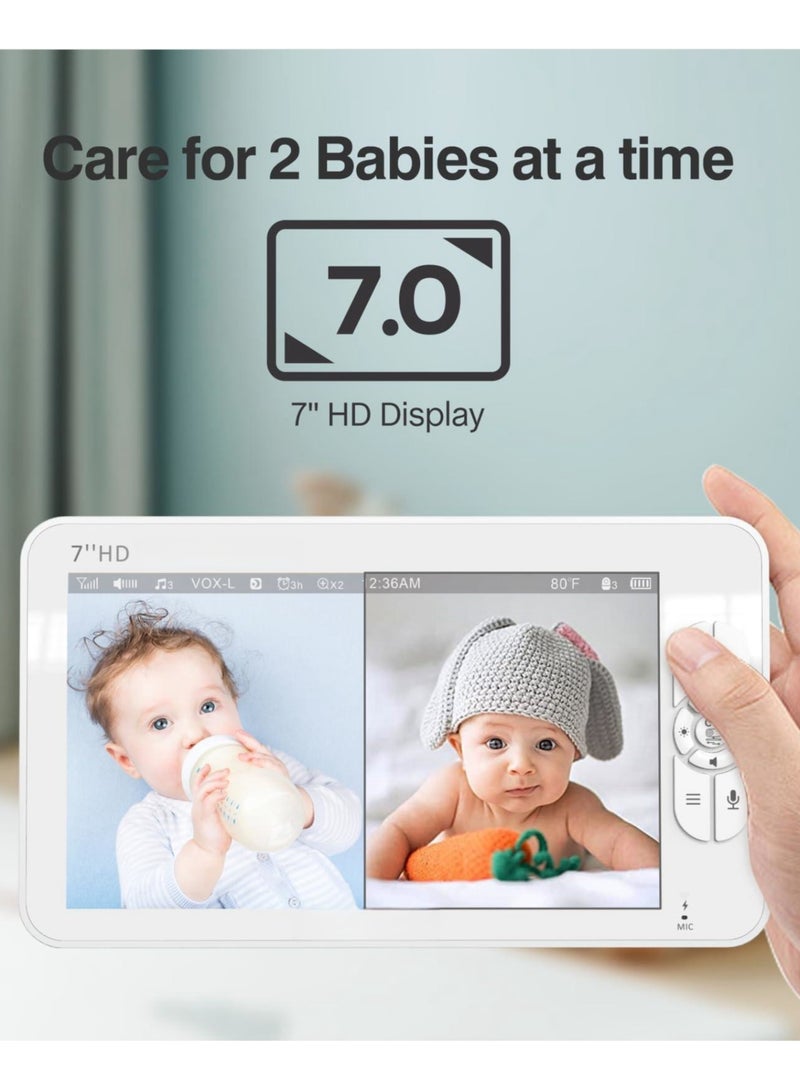 KHAJUL 2 Cameras Baby Monitor, 7 Inch Big Screen Split View, Secure FHSS Connection, Remote PTZ Camera, Two Way Talk, Night Vision, Temperature Sensor, Lullabies, Long Range, 1080p HD, No WiFi Required, for Newborn and Family Use, White - Image 2