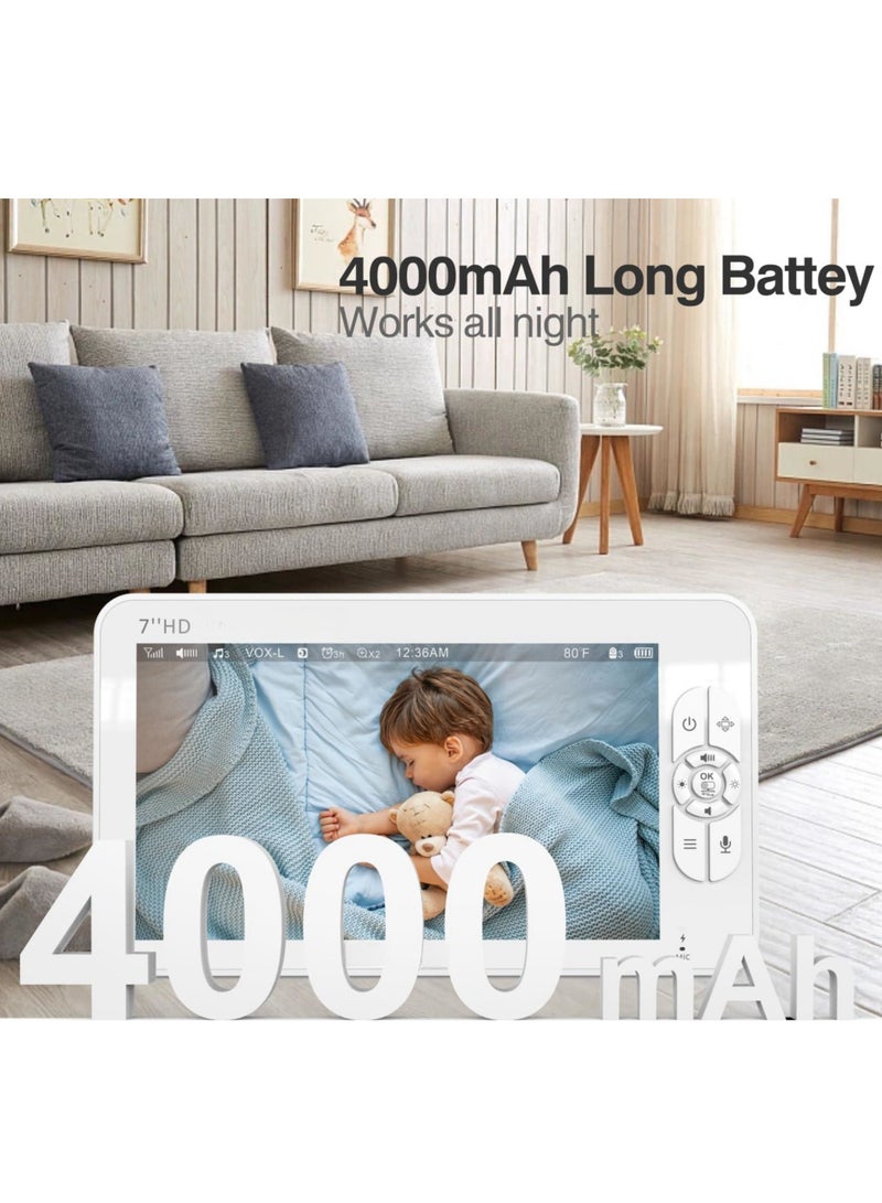 KHAJUL 2 Cameras Baby Monitor, 7 Inch Big Screen Split View, Secure FHSS Connection, Remote PTZ Camera, Two Way Talk, Night Vision, Temperature Sensor, Lullabies, Long Range, 1080p HD, No WiFi Required, for Newborn and Family Use, White - Image 5