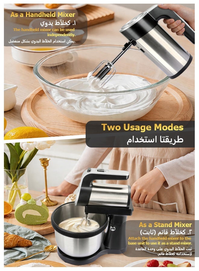 Sunbath 4L Stand Mixer and Hand Mixer & Egg Beater, 5-Speed Electric Powerful Stand Mixer with Stainless Steel Bowl, Dough Hooks, Beaters for Baking, Cake, Cookie, Kneading, 400W  Auto-Rotating Household Mixer, Black - Image 2