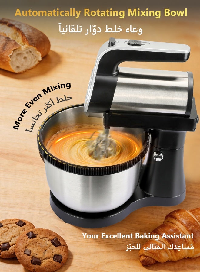 Sunbath 4L Stand Mixer and Hand Mixer & Egg Beater, 5-Speed Electric Powerful Stand Mixer with Stainless Steel Bowl, Dough Hooks, Beaters for Baking, Cake, Cookie, Kneading, 400W  Auto-Rotating Household Mixer, Black - Image 3