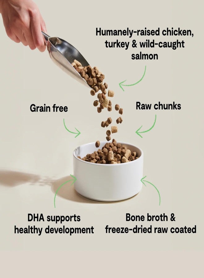 Open Farm أوبن فارم، طعام القطط الجاف RawMix، حبيبات غنية بالبروتين مغلفة بمرق العظام مع قطع نيئة مجففة بالتجميد، تركيبة خاصة للقطط الصغيرة، بنكهة الدجاج مع الديك الرومي وسمك السلمون البري، كيس 8 أرطال - Image 2