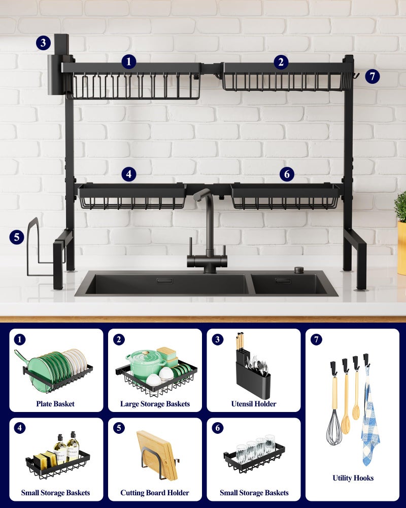 Kitsure Over The Sink Dish Drying Rack - 30.0" to 33.9" x 21.5", Adjustable Sink Drying Rack for Kitchen Sink with Multifunctional Baskets, Black - Image 5