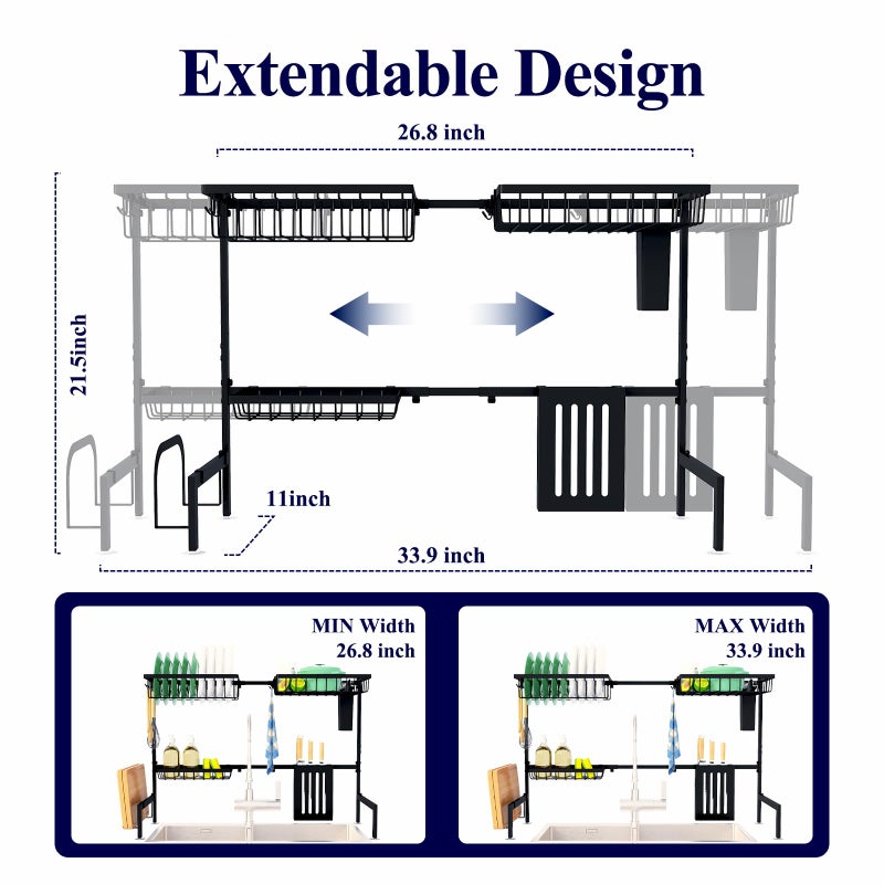Kitsure Over The Sink Dish Drying Rack - 30.0" to 33.9" x 21.5", Adjustable Sink Drying Rack for Kitchen Sink with Multifunctional Baskets, Black - Image 3