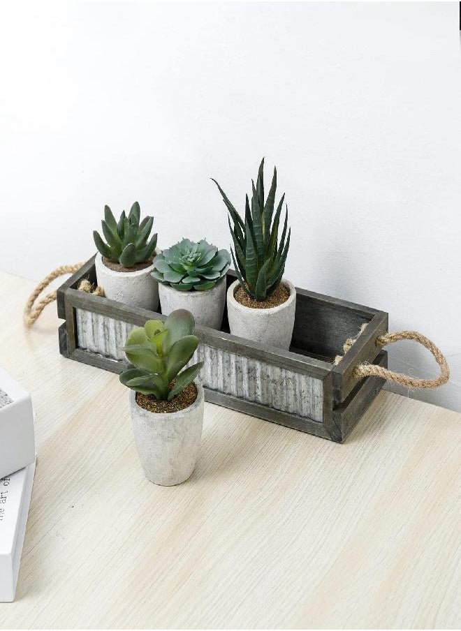 MyGift - MyGift 5 Piece Artificial Plant Set, Mini Assorted Faux Succulents in Concrete Planters and Vintage Gray Wood Display Box with Galvanized Metal Accent and Rope Handles - Image 1