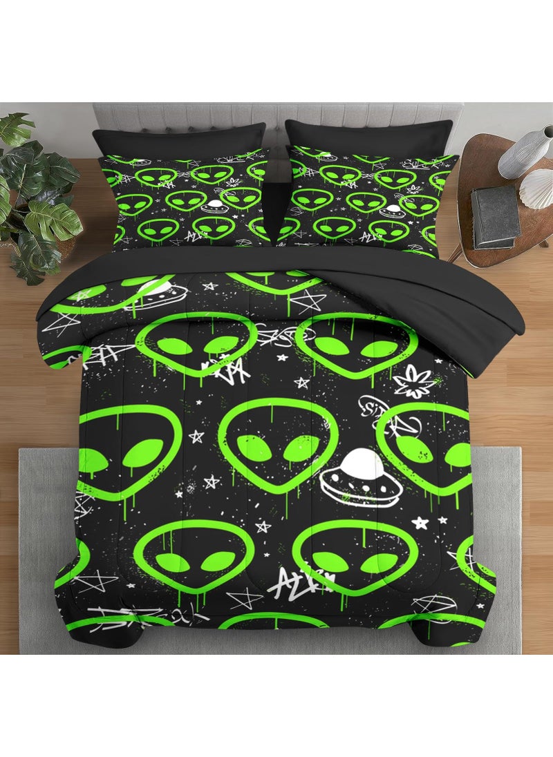 Pamnest Pamnest Comforter Set Twin Size  Neon Green Cute 5 Pcs Bedding for Kids and Adults  Space Line Cartoon Bed Sheet Sets with Fitted Sheet Pillowcase & Sham for Bedroom Bed Decor  - Image 1