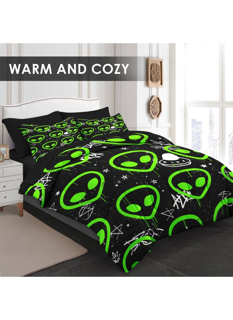Pamnest Pamnest Comforter Set Twin Size  Neon Green Cute 5 Pcs Bedding for Kids and Adults  Space Line Cartoon Bed Sheet Sets with Fitted Sheet Pillowcase & Sham for Bedroom Bed Decor  - Image 2