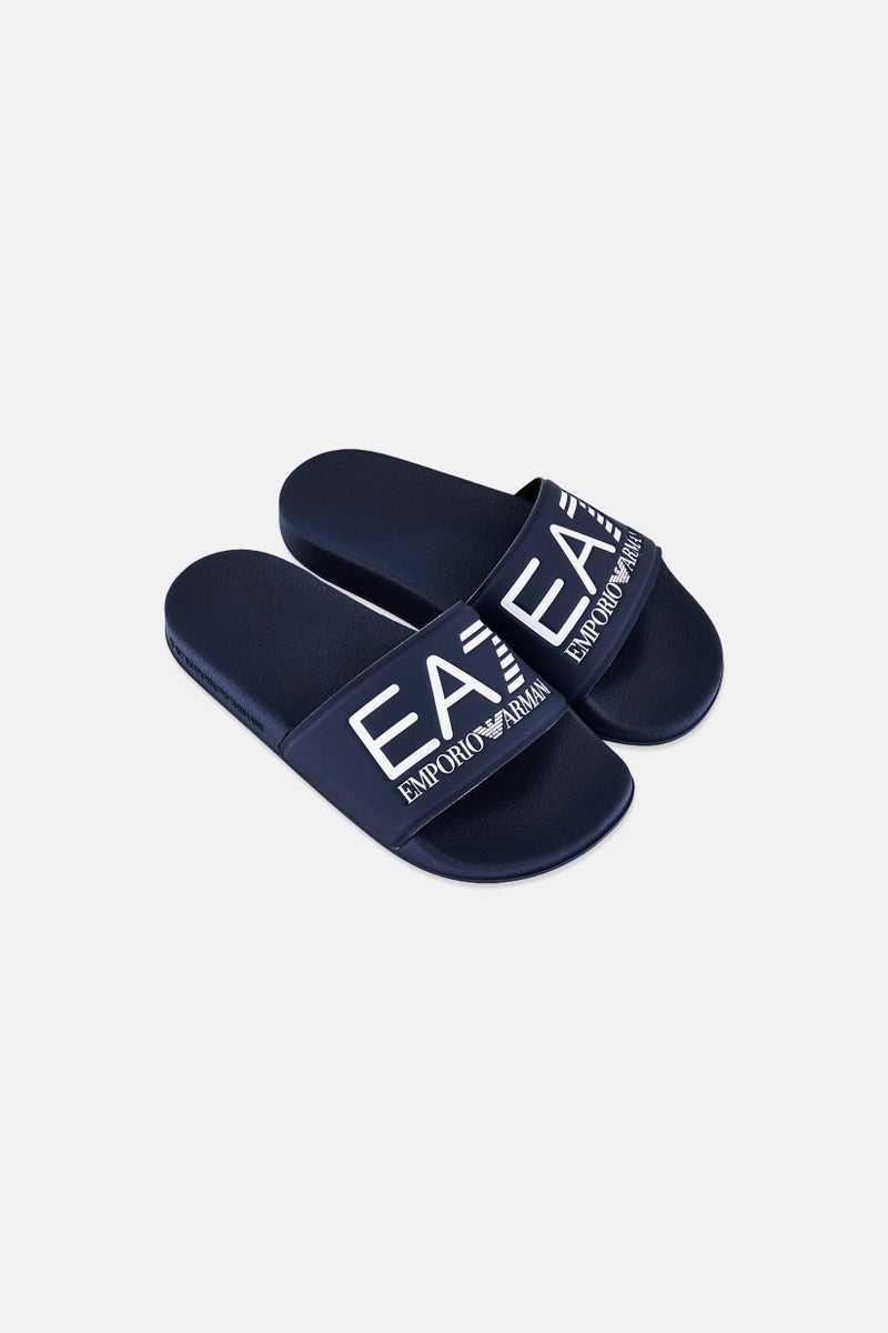 armani EA7 Emporio Armani Kids Boy Brand Logo Slip On Slippers, Navy Blue - Image 2