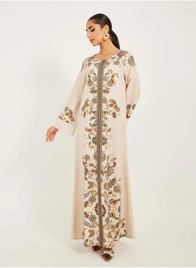 ستايلي placement print jalabiya with stand collar