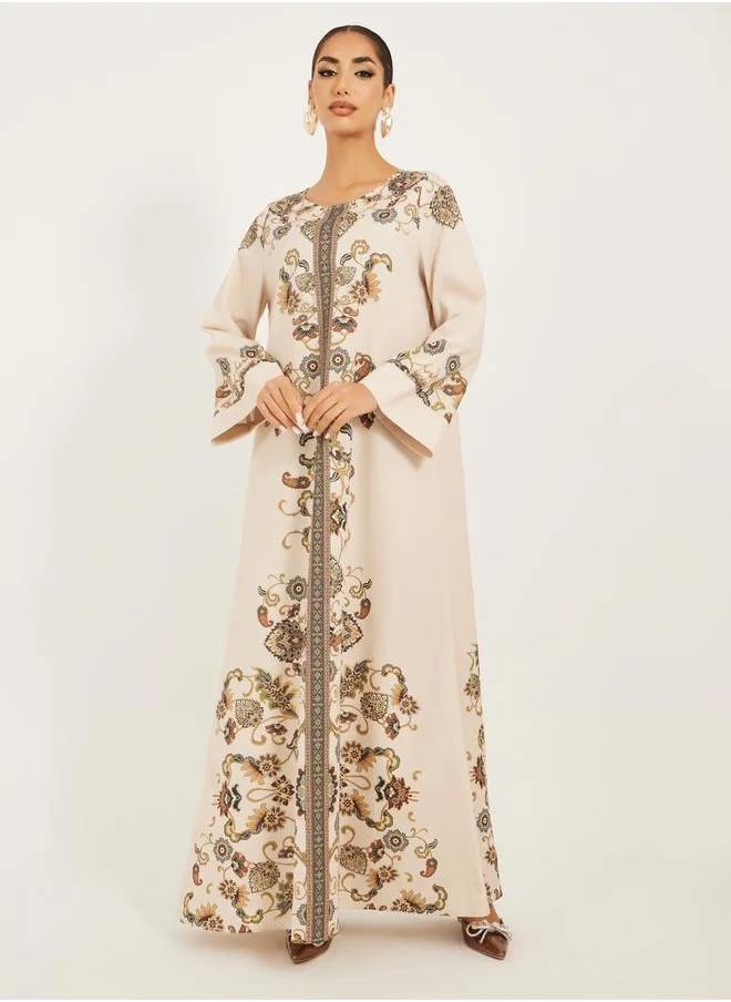 ستايلي placement print jalabiya with stand collar