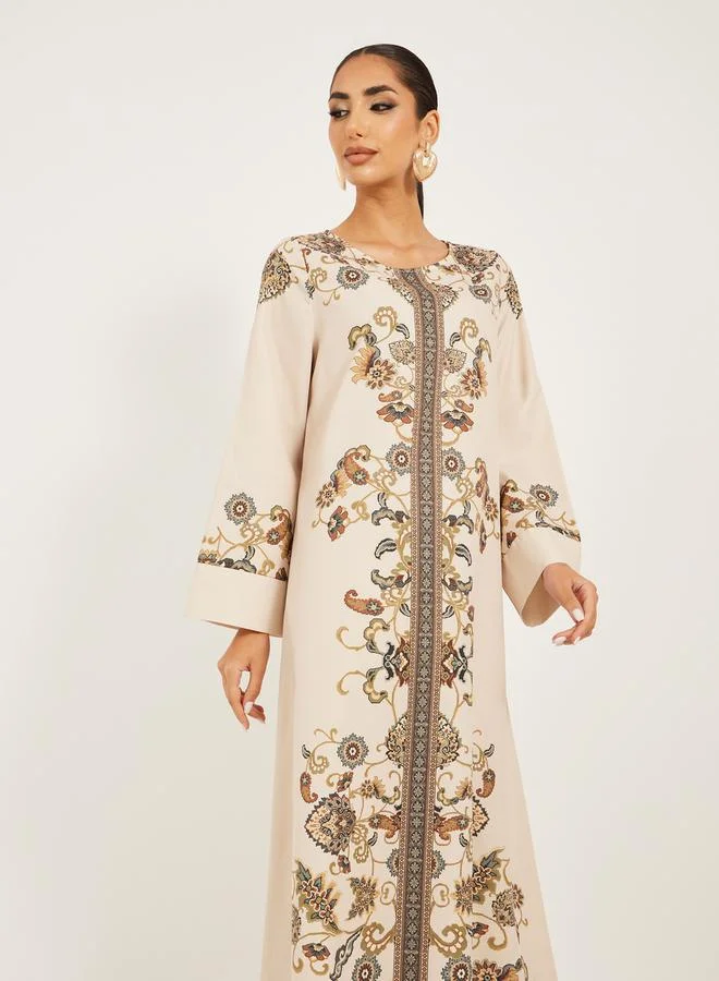 ستايلي placement print jalabiya with stand collar