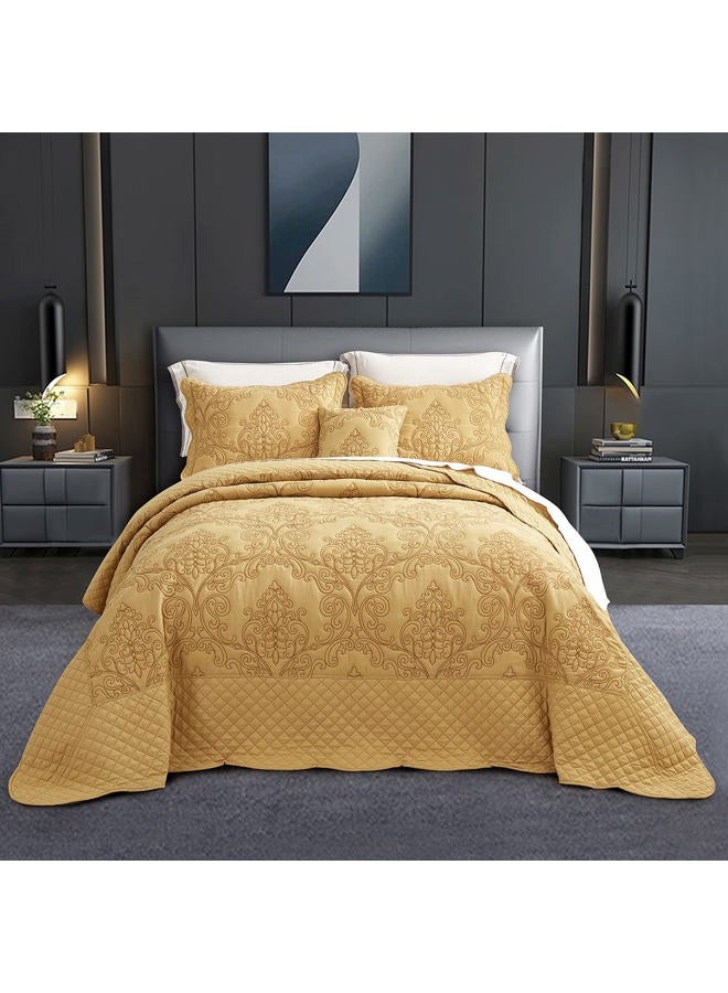 CHIXIN Oversized King Bedspread 128x120 Extra Wide - Lightweight Bedding Cover - Beautiful Stitching - 5 Piece Reversible Bedspread - Luxury Damask Paisley Pattern (King/Cal King, Honey-Gold) - Image 1