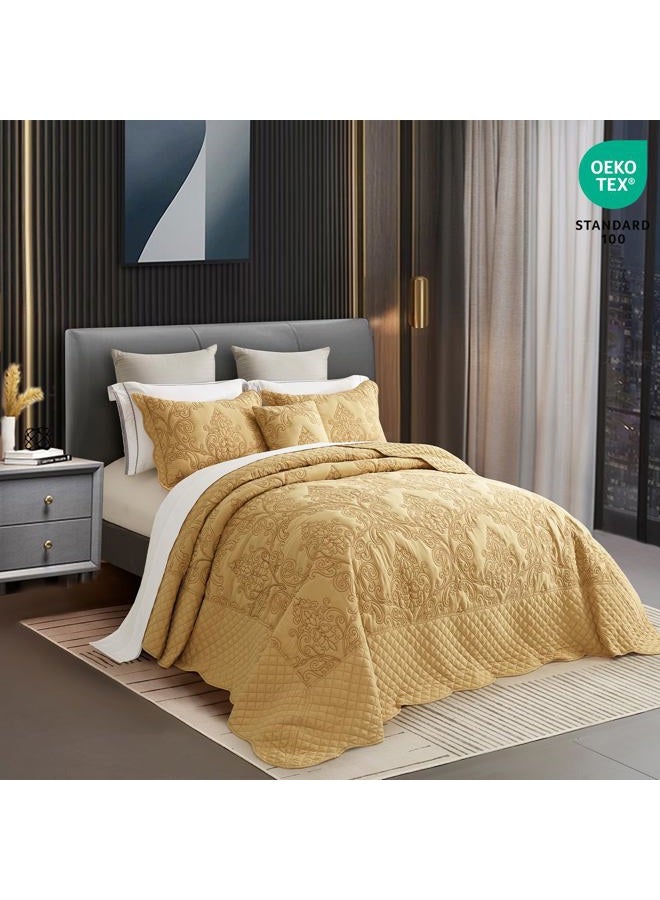 CHIXIN Oversized King Bedspread 128x120 Extra Wide - Lightweight Bedding Cover - Beautiful Stitching - 5 Piece Reversible Bedspread - Luxury Damask Paisley Pattern (King/Cal King, Honey-Gold) - Image 2