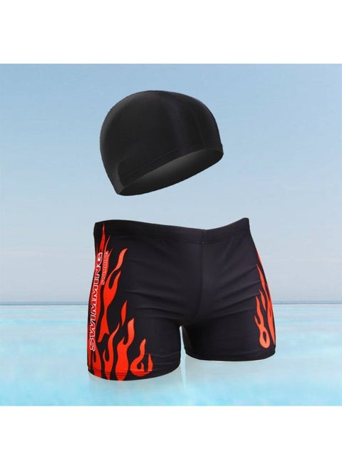 Men's Swimming Trunks And Swimming Cap Set Learning Swimming Equipment Quick-Drying Boxer Hot Spring Large Size Flame Five-Point Swimming Trunks-Color:Classic Red Hot Pants + Hat-xxxl (recommended Weight 72.5-85kg )