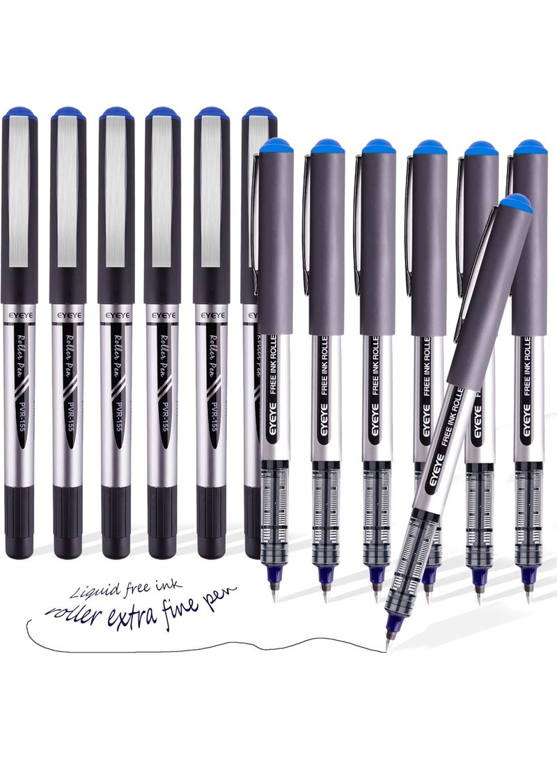 EYEYE Bullet Tip Pens Fine Tip Liquid Ink Roller Ball Stick Pens, Free Ink Roller, Fine Tip Point Pens, Liquid Ink Rollering Ball 12 Pack (0.5mm, Blue) - Image 1