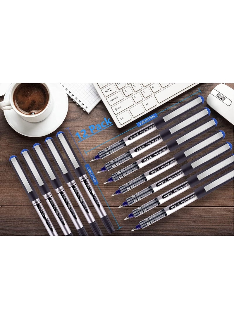 EYEYE Bullet Tip Pens Fine Tip Liquid Ink Roller Ball Stick Pens, Free Ink Roller, Fine Tip Point Pens, Liquid Ink Rollering Ball 12 Pack (0.5mm, Blue) - Image 2