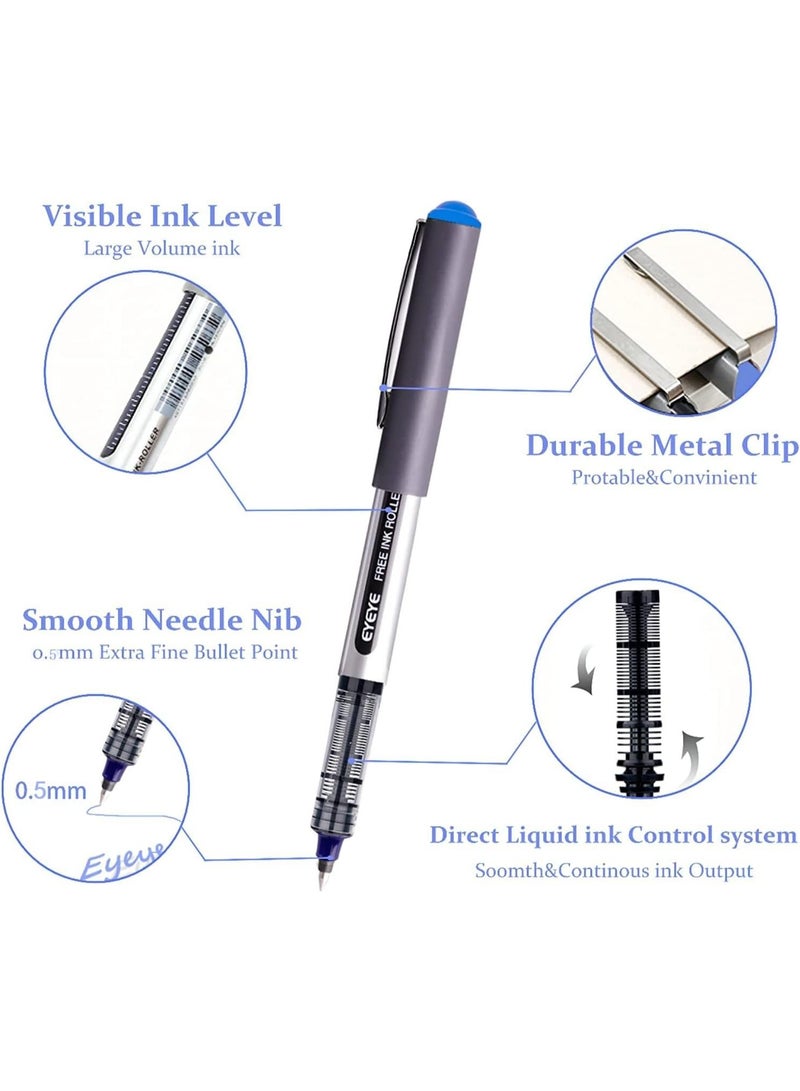 EYEYE Bullet Tip Pens Fine Tip Liquid Ink Roller Ball Stick Pens, Free Ink Roller, Fine Tip Point Pens, Liquid Ink Rollering Ball 12 Pack (0.5mm, Blue) - Image 3