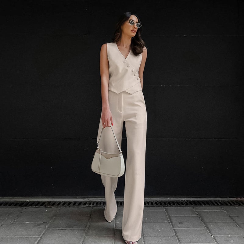 European and American cotton and linen khaki cardigan vest straight pants two-piece womens 2024 autumn new foreign trade leisure suit Apricot