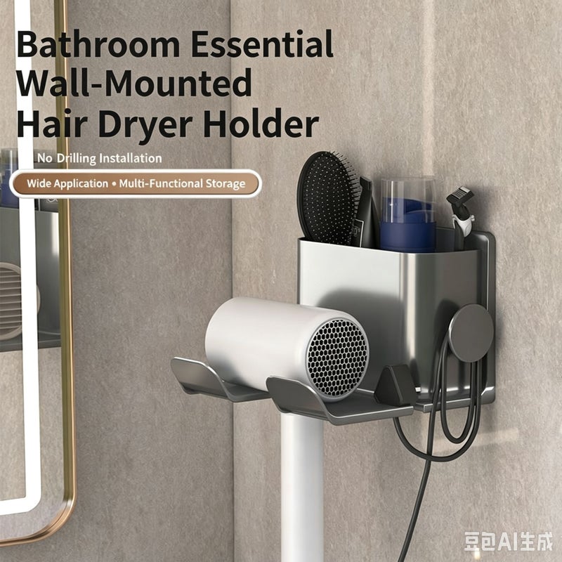 Qi Ta Hair Dryer Holder, No-Drill Wall-Mounted Stand, Bathroom Essential；for Bathroom, Hair Dryer, Storage. - Hair Dryer Holder [Black] - Image 2