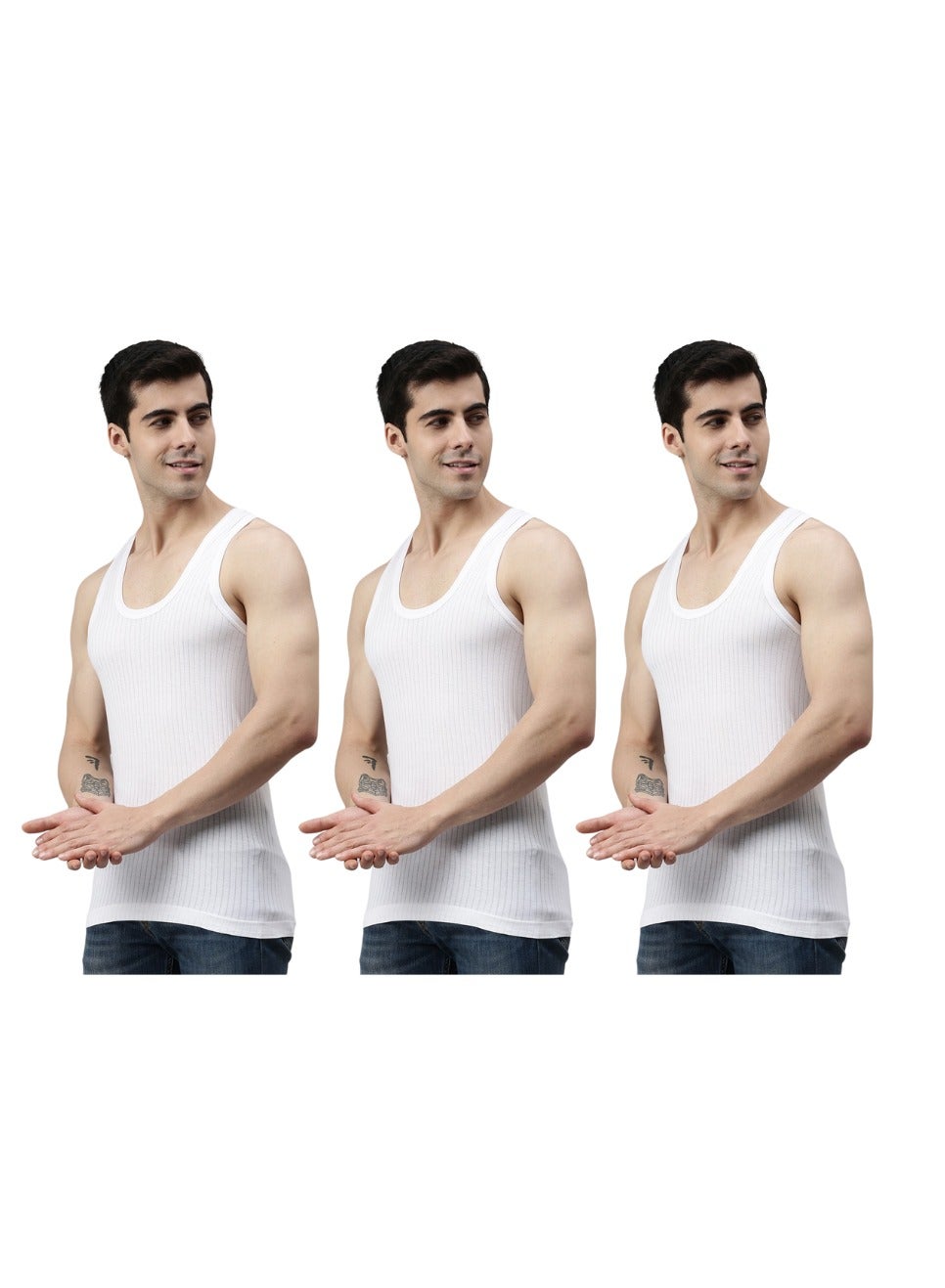 Lux Athletic Men Vest - Sleeveless Undershirts, Pack of 3, Comfortable Cotton (White)
