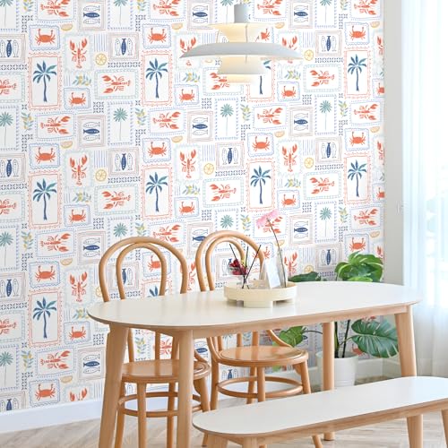 VaryFloral Lobster Crab Fish Wallpaper Peel and Stick Coastal Summer Vacation Wallpaper for Kitchen Hand Drawn Palm Tree Geometric Frame Contact Paper for Cabinet Aquatic Animal Wall Paper 17.7"x157" - Image 2