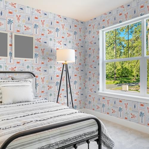 VaryFloral Lobster Crab Fish Wallpaper Peel and Stick Coastal Summer Vacation Wallpaper for Kitchen Hand Drawn Palm Tree Geometric Frame Contact Paper for Cabinet Aquatic Animal Wall Paper 17.7"x157" - Image 5