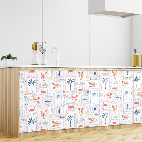 VaryFloral Lobster Crab Fish Wallpaper Peel and Stick Coastal Summer Vacation Wallpaper for Kitchen Hand Drawn Palm Tree Geometric Frame Contact Paper for Cabinet Aquatic Animal Wall Paper 17.7"x157" - Image 3