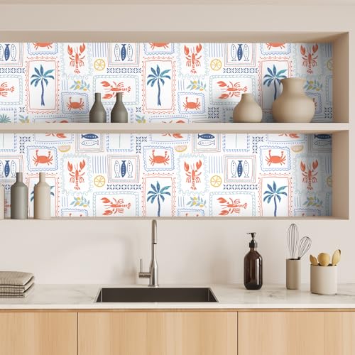 VaryFloral Lobster Crab Fish Wallpaper Peel and Stick Coastal Summer Vacation Wallpaper for Kitchen Hand Drawn Palm Tree Geometric Frame Contact Paper for Cabinet Aquatic Animal Wall Paper 17.7"x157" - Image 4