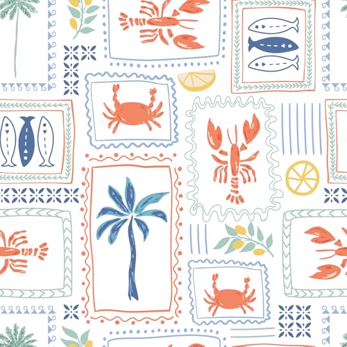 VaryFloral Lobster Crab Fish Wallpaper Peel and Stick Coastal Summer Vacation Wallpaper for Kitchen Hand Drawn Palm Tree Geometric Frame Contact Paper for Cabinet Aquatic Animal Wall Paper 17.7"x157" - Image 1