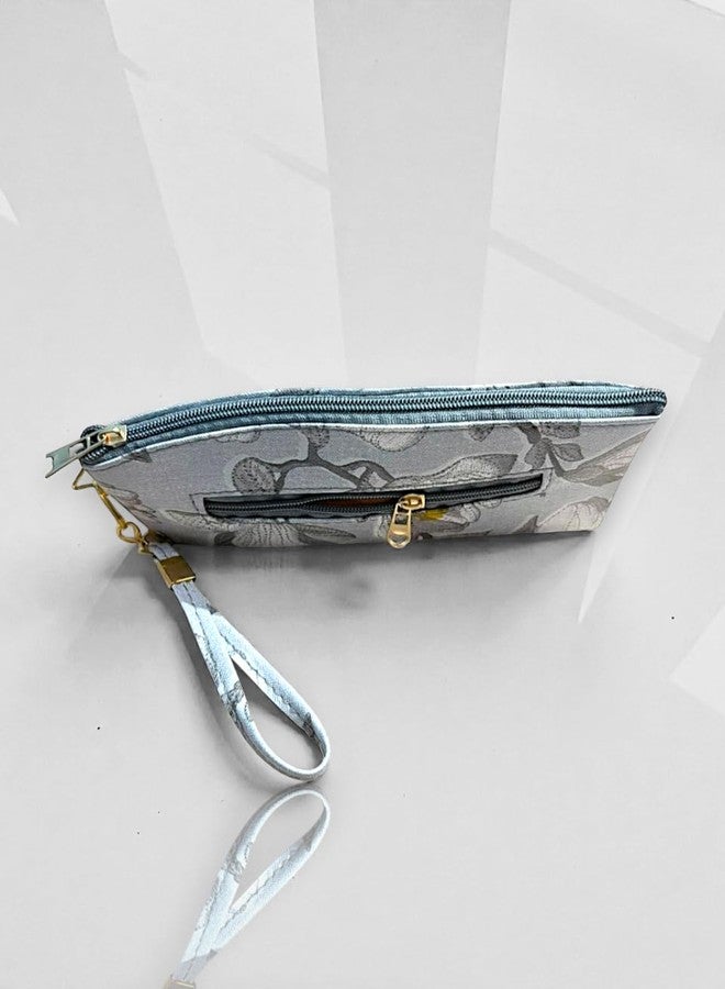 Clearo Elegant Zip Wallet for Women - Blue Floral Print with Wrist Strap - Image 3