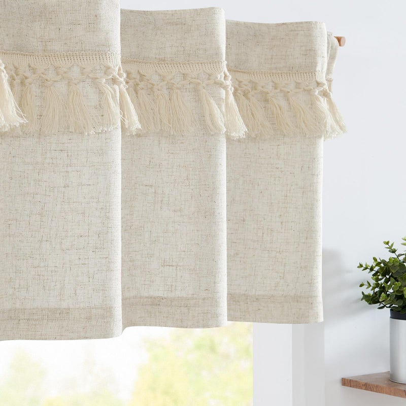 jinchan Boho Valance with Tassels Linen Kitchen Valance Curtain for Windows 16 Inch Beige Farmhouse Rustic Small Window Treatment for Living Room Laundry RV Light Filtering Back Tab 1 Panel Crude - Image 1