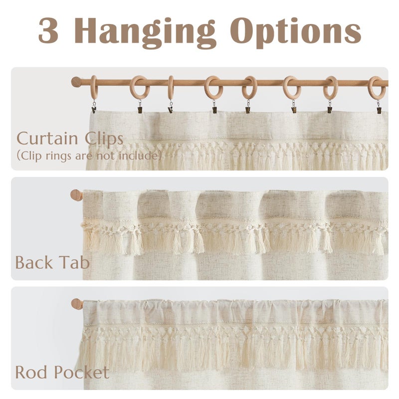 jinchan Boho Valance with Tassels Linen Kitchen Valance Curtain for Windows 16 Inch Beige Farmhouse Rustic Small Window Treatment for Living Room Laundry RV Light Filtering Back Tab 1 Panel Crude - Image 5