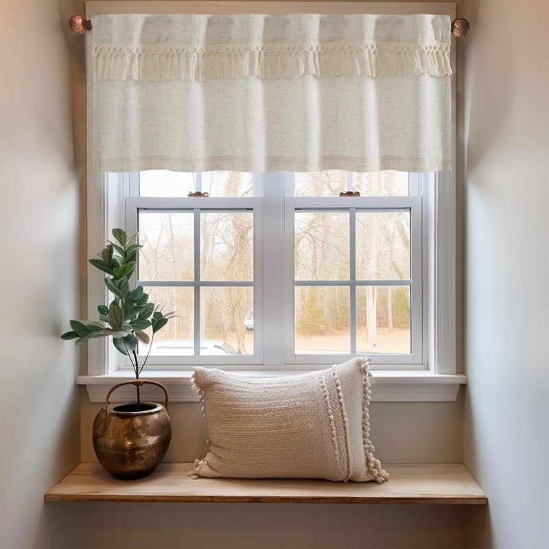jinchan Boho Valance with Tassels Linen Kitchen Valance Curtain for Windows 16 Inch Beige Farmhouse Rustic Small Window Treatment for Living Room Laundry RV Light Filtering Back Tab 1 Panel Crude - Image 3