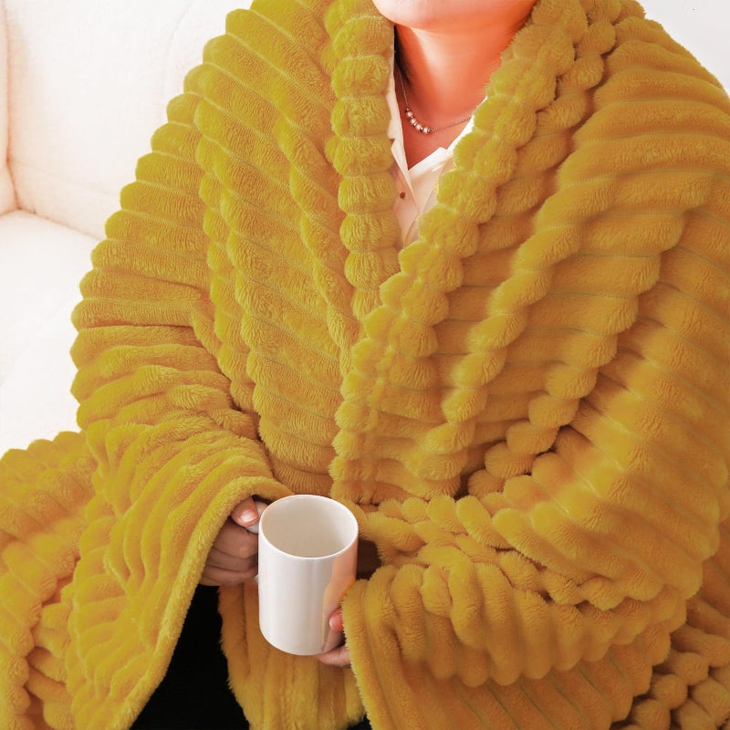 Linecooo Mustard Yellow Fleece Throw Blanket 50  60  for Couch Sofa Bed Super Soft Cozy Plush Microfiber Flannel Blanket with Stripes Design Lightweight for Adults Woman Girls - Image 3