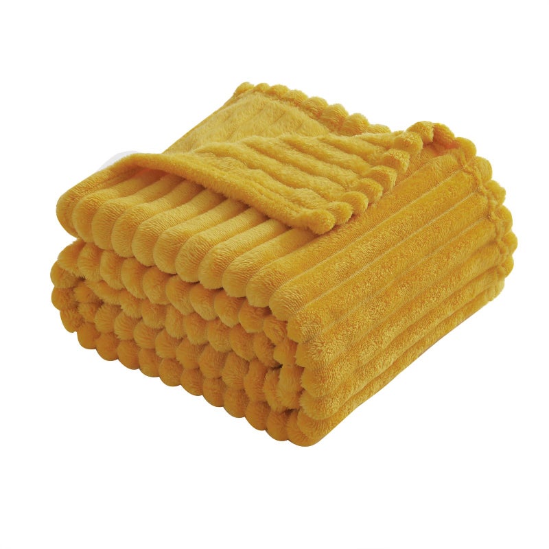 Linecooo Mustard Yellow Fleece Throw Blanket 50  60  for Couch Sofa Bed Super Soft Cozy Plush Microfiber Flannel Blanket with Stripes Design Lightweight for Adults Woman Girls - Image 1