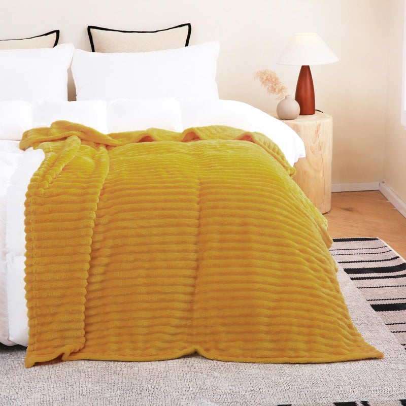 Linecooo Mustard Yellow Fleece Throw Blanket 50  60  for Couch Sofa Bed Super Soft Cozy Plush Microfiber Flannel Blanket with Stripes Design Lightweight for Adults Woman Girls - Image 4