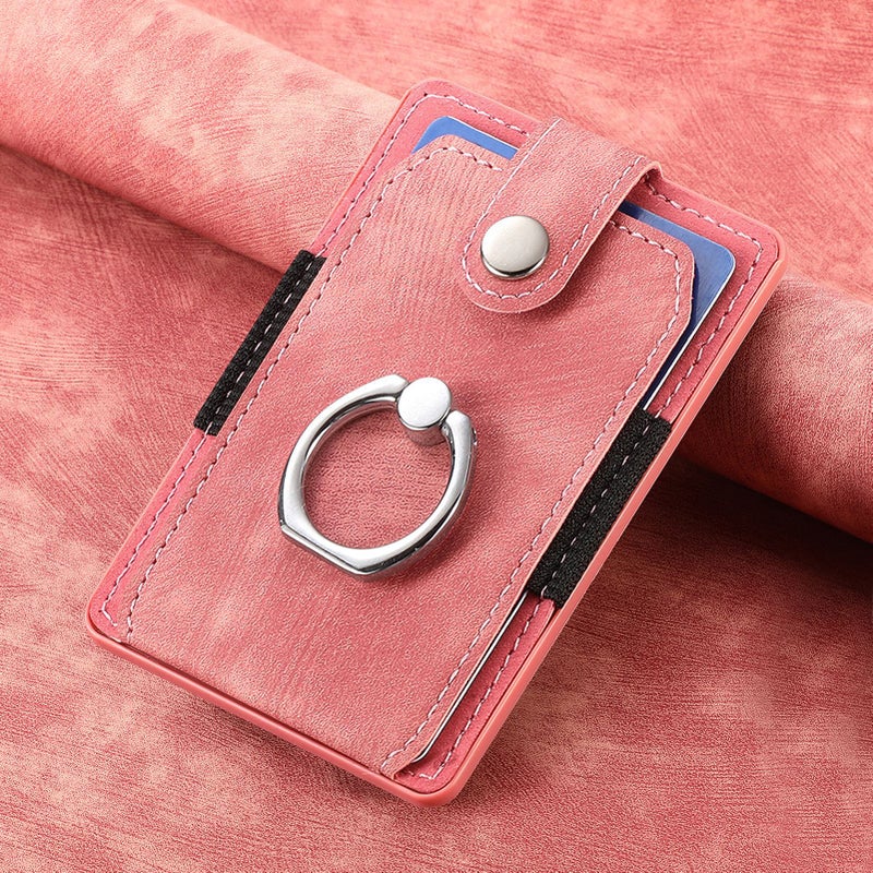 Vintage Solid Color Storage Bracket Card Holder Card Holder Back Adhesive Phone Bag Multi-Insert Card Skin-Feeling Plain Leather PU Ring Card Holder Pink 