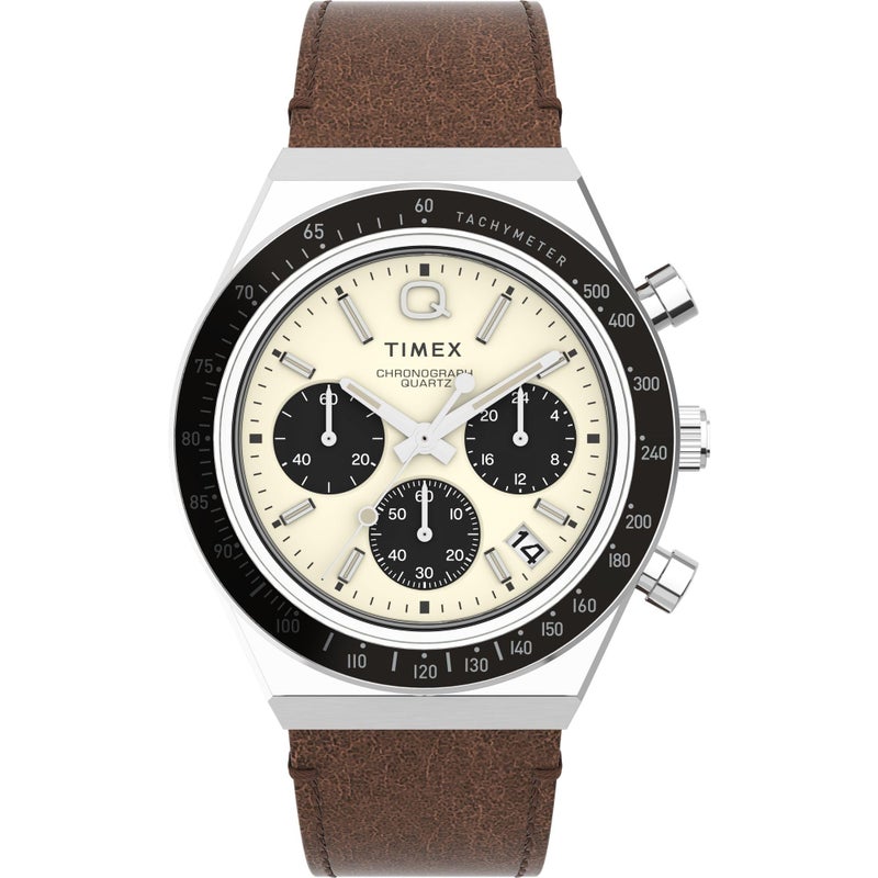 Timex Q Men's 40mm Watch â€“ Cream Dial Silver-Tone Case Brown Leather Strap, Cream/Brown, One Size, 40 mm Leather Watch - Image 1
