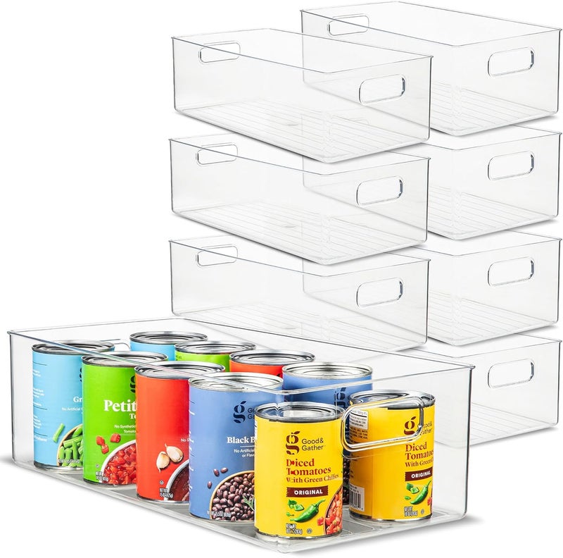 PrimeBox Plastic Food Storage 8 Pack Clear Container Bin with Handles for Organizing Kitchen, Pantry, Refrigerator, Freezer, Pantry, Cabinet, Closet, Bathroom. 16”x8”x5” - Image 1