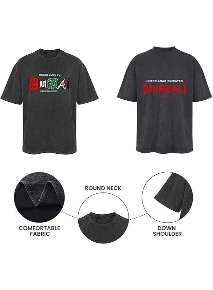 Baggy Style T-Shirt for Men and Women | UNREAL Down Shoulder Tee-Shirt | Habibi Come to Dubai | Unisex Loose Sleeves Shirt | Vintage and Trendy Unreal Washed Tee - Image 2