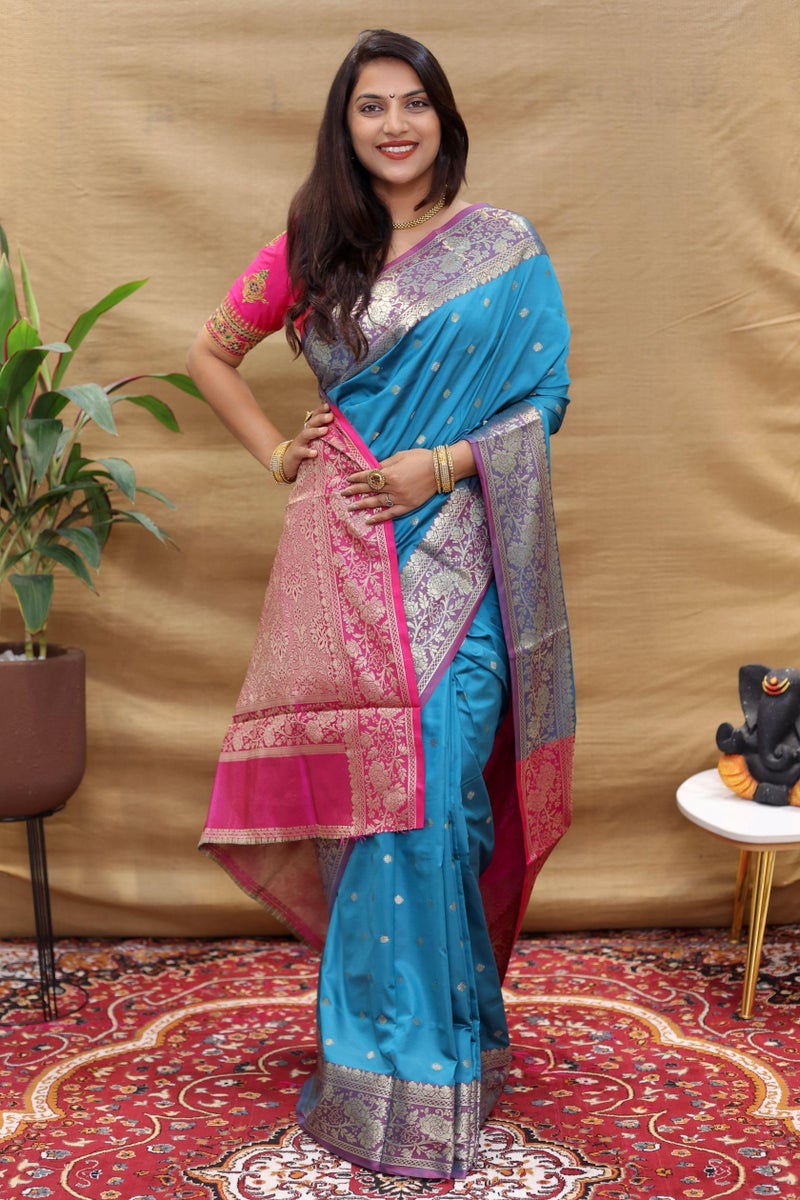 AMIRAT Women's Banarasi Saree Soft new ladies 2024 Design Wear Pattu Sarees Latest Cotton Party Sari collections With Blouse Piece for Wedding sadi (Aqua Blue) - Image 4