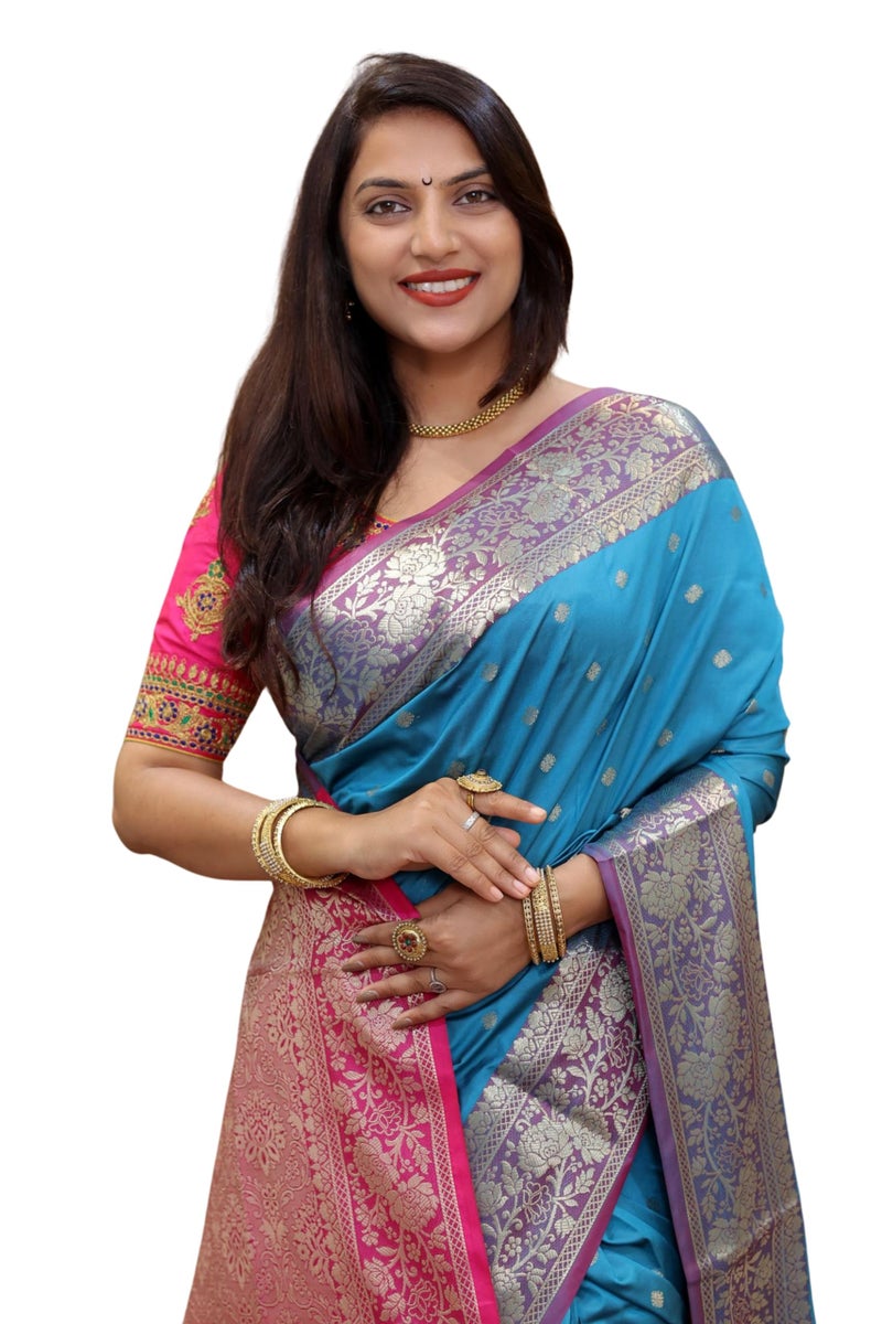 AMIRAT Women's Banarasi Saree Soft new ladies 2024 Design Wear Pattu Sarees Latest Cotton Party Sari collections With Blouse Piece for Wedding sadi (Aqua Blue) - Image 1