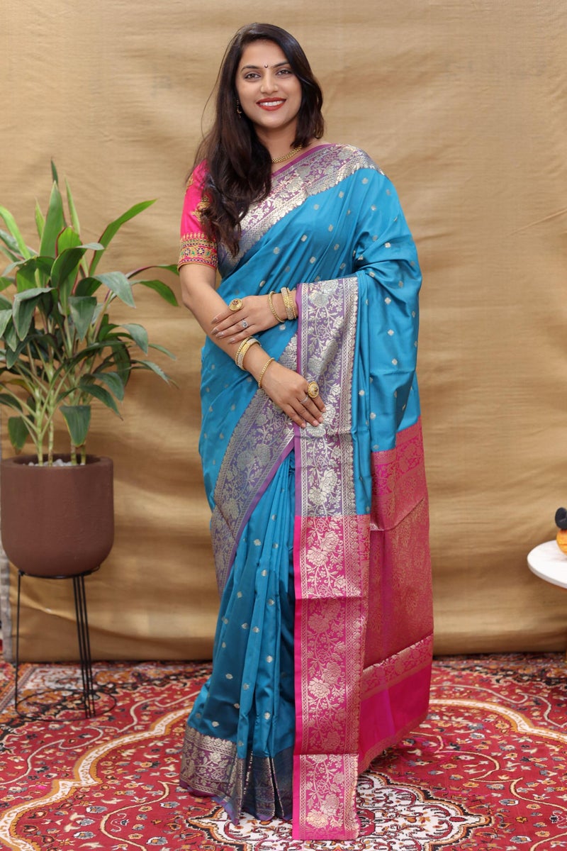 AMIRAT Women's Banarasi Saree Soft new ladies 2024 Design Wear Pattu Sarees Latest Cotton Party Sari collections With Blouse Piece for Wedding sadi (Aqua Blue) - Image 3