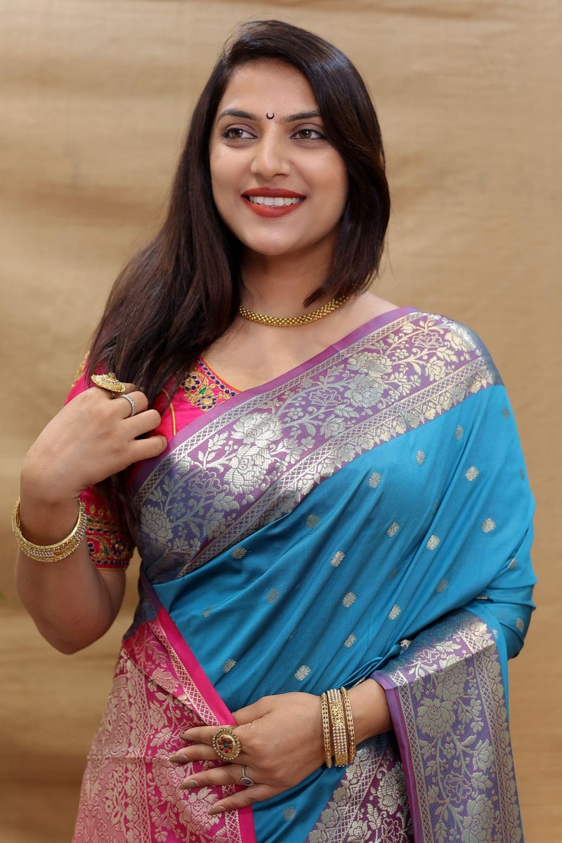 AMIRAT Women's Banarasi Saree Soft new ladies 2024 Design Wear Pattu Sarees Latest Cotton Party Sari collections With Blouse Piece for Wedding sadi (Aqua Blue) - Image 5