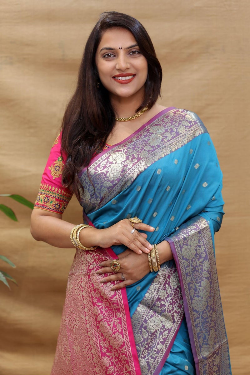 AMIRAT Women's Banarasi Saree Soft new ladies 2024 Design Wear Pattu Sarees Latest Cotton Party Sari collections With Blouse Piece for Wedding sadi (Aqua Blue) - Image 2