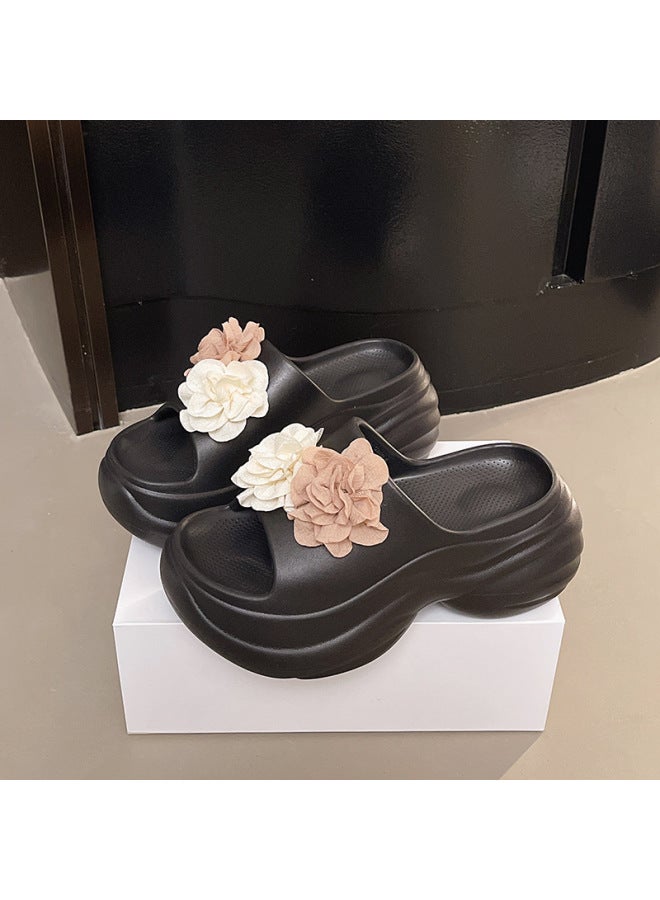 New Summer Internet Celebrity Sandals, Heightening Platform Slippers, Slippers That Feel Like Stepping On Outer Wear Flower Beach Half Slippers