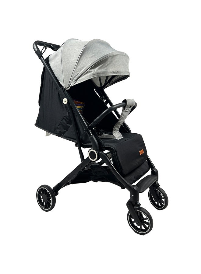 Foldable and lightweight baby stroller with flexible wheels and a protective canopy, gray color - Image 2