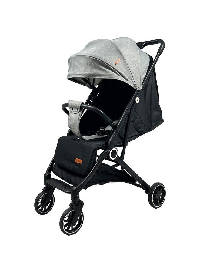 Foldable and lightweight baby stroller with flexible wheels and a protective canopy, gray color - Image 3