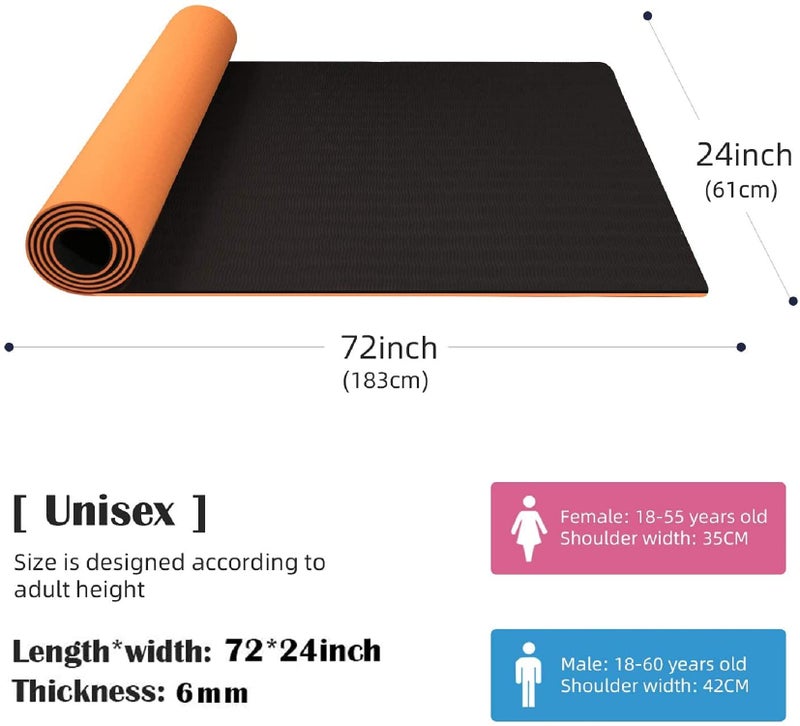 Bodylastics Yoga Mat for Men and Women with Carry Bag TPE 6ft x 2ft x 6mm Large Size Anti Slip & Anti Tear Workout Mat (Orange/Black) - Image 2