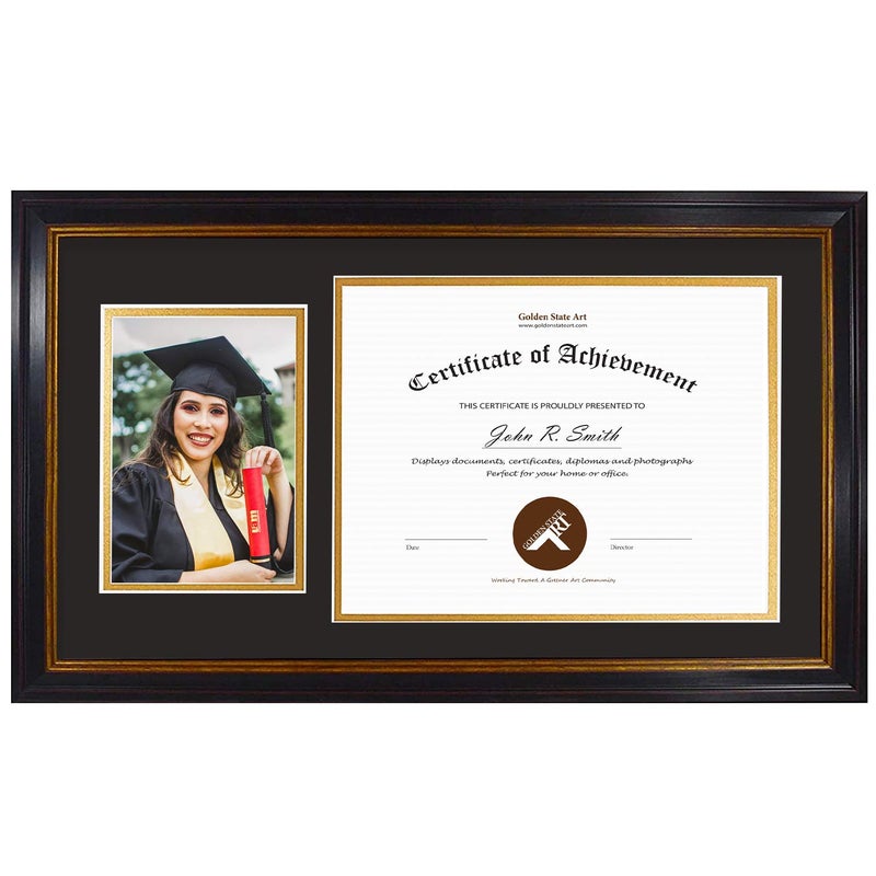 Golden State Art 11x195 Diploma Frame for 85x11 DocumentCertificate and 5x7 Picture  2 Openings  Black with Gold Trim and Burgundy Accents  Black over Gold Double Mat  Real Glass  Wall Mount